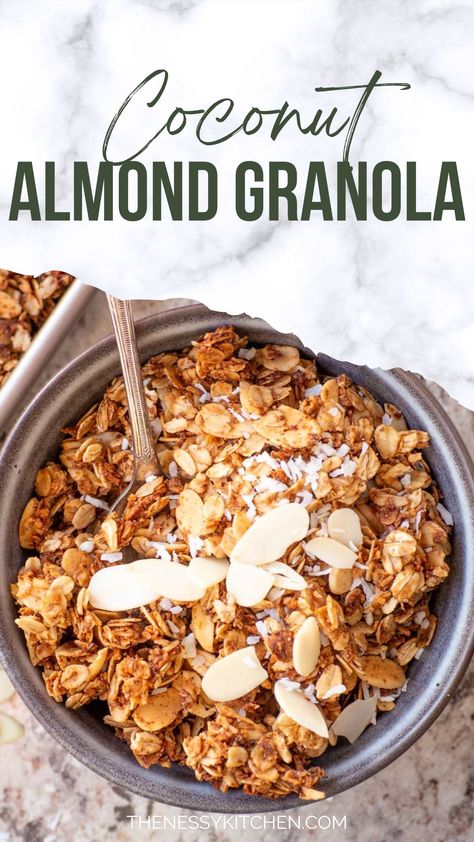 This homemade granola recipe is extra chunky, delicious and full of almond coconut flavor. Enjoy it for breakfast or a snack! Savory Granola Recipe, Pistachio Granola Recipe, Oatless Granola, Mediterranean Granola, Granola Flavors, Coconut Almond Granola, Granola Bars Healthy, Almond Granola Recipe, Trail Mix Bars