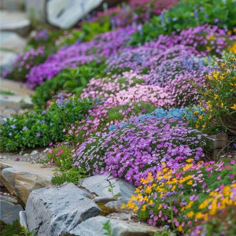 8 super low maintenance but eye-catching perennial garden designs for the front of your house Easy Upkeep Landscaping, Wildflowers Front Of House, Perennial Border Ideas, Garden Design With Rocks, Wildflower Garden Front Yard Landscape Design, Rocks In Front Yard Landscaping, Stone House Landscaping, Cottage Flower Beds In Front Of House, Small House Front Landscaping Ideas