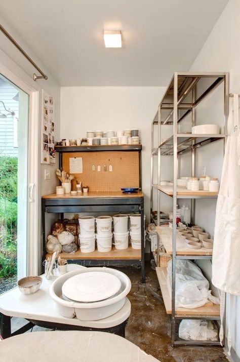 Ceramic Studio Setup, Kiln Room Ideas, Outside Pottery Studio, Ceramic Room Ideas, Pottery Studio Aesthetic Home, Small Space Pottery Studio, Home Clay Studio, Pottery Room At Home, Small Home Pottery Studio Setup