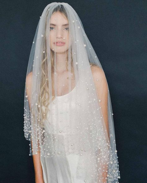 589 Likes, 2 Comments - Twigs & Honey® (@twigsandhoney) on Instagram: “Our veil style 2000 is beautifully and densely embroidered with hundreds of pearls beads... made…” Fantasy Veil, Veil Train, Pearl Veils, Modern Veil, Embellished Veil, Veil Crystal, Fingertip Veil, Veil Styles, Pearl Veil