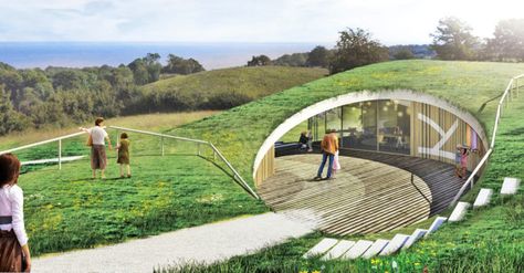 New Skamlingsbanken Visitor Center nestled under a softly curved hill in Denmark | Inhabitat - Green Design, Innovation, Architecture, Green Building Danish Landscape, Green Roof House, Architecture Antique, Visitors Center, Nature And Architecture, Landscape Architecture Drawing, Fibreglass Roof, Earth Sheltered, Underground Homes