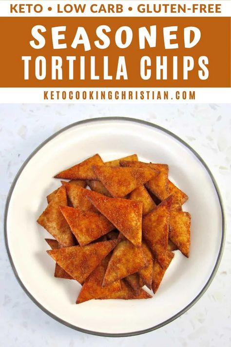 Keto Seasoned Tortilla Chips - Gluten-Free If you are missing a little crunch in your life, these low carb tortilla chips are just what you need! Serve with your favorite dip or eat them all on their own. Made with almond flour, these tortilla chips are gluten-free and super easy to make. #ketotortillachips #lowcarbtortillachips #glutenfreetortillachips Keto Party Food Appetizers, Almond Flour Tortilla Recipe, Low Carb Tortilla Chips, Keto Tortilla Chips, Keto Party Food, Gluten Free Tortilla Chips, Tortillas Chips, Tortilla Chips Recipe, Keto Tortilla