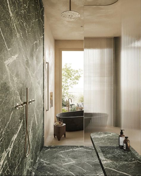 Banda Property, Green Marble Bathroom, Luxury Bathroom Inspiration, Penthouse Living, Luxury Master Bathrooms, Bathroom Inspiration Decor, Flute Glass, Green Bathroom, Marble Bathroom