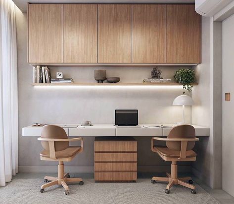 Home Office With Two Desks, Home Office Two Desks, Office With Two Desks, Japandi Home Office, Two Desks, Desk For Two, Contemporary Office Design, Small Office Design, Modern Home Offices