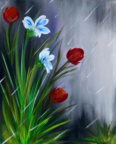 April showers bring pretty flowers Flowers In The Rain, Bathroom Painting, Paint Night Ideas, Easy Flower Painting, Whimsical Flowers, Paint Party Ideas, Friend Painting, Painting Parties, Wine And Canvas