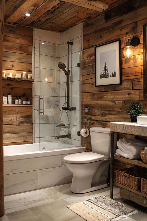 Tiny Rustic Bathroom Ideas, Interior Cabin Walls Ideas, Rustic Mountain Bathroom, 6x10 Bathroom Layout, Knotty Pine Bathroom, Bathroom Modern Rustic, Easy Bathroom Ideas, Rustic Guest Bathroom, Modern Rustic Bathroom Ideas