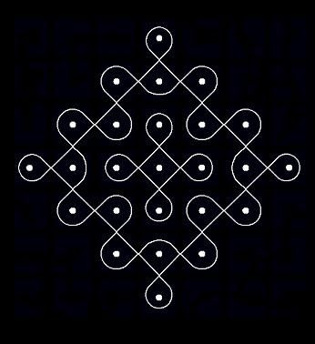 7 - 1 parallel dots (Neer Pulli) Kolam - Start with 7 dots in the center, leave one dot at both ends and stop at 1 by putting parallel dots... Dot Kolam Designs, Simple Rangoli With Dots, Dot Kolam, Kambi Kolam, Easy Rangoli Designs Videos, Dots Kolam, Dot Rangoli, Pulli Kolam, Very Easy Rangoli Designs