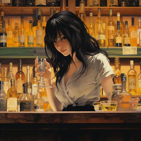 Bartender Pose Reference, Bartender Character Design, Bartender Illustration, Bartender Anime, Anime Bar, Drinks Illustration, Female Bartender, Style Palette, Japanese Bar