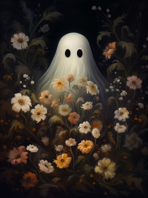 Cute Ghost Art. Cottagecore Oil Painting. Art Mignon, Hur Man Målar, Gems Art, Halloween Painting, Halloween Vintage, Art Halloween, A Ghost, 판타지 아트, Art Poses