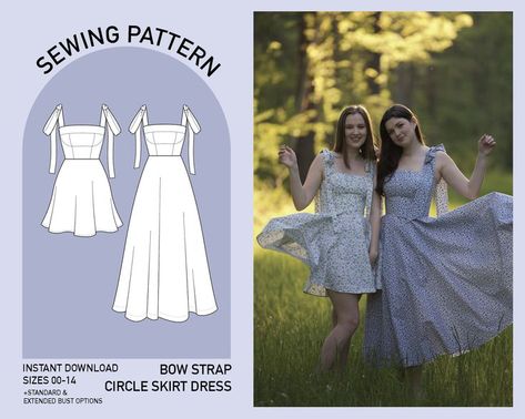 Sleek and stylish, our Bow Strap Circle Skirt Dress features a flattering design with pockets, available in standard and extended bust versions. Includes digital PDF sewing patterns for mini and midi lengths, sizes 00-14.. #fashion #dress #patterns Summer Dress Sewing Patterns, Midi Circle Skirt, Circle Skirt Dress, Diy Sy, Summer Dress Patterns, Sewing Projects Clothes, Dresses With Pockets, Couture Mode, Womens Sewing Patterns