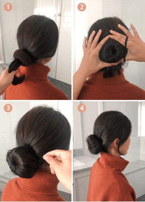 how to use a hair donut to create a sleek low bun // low bun tutorial by Extra Petite fashion blog Tutorial Chignon, How To Bun, Donut Bun Hairstyles, Donut Bun, Hair Donut, Low Bun Hairstyles, Short Hair Bun, Easy Bun, Extra Petite