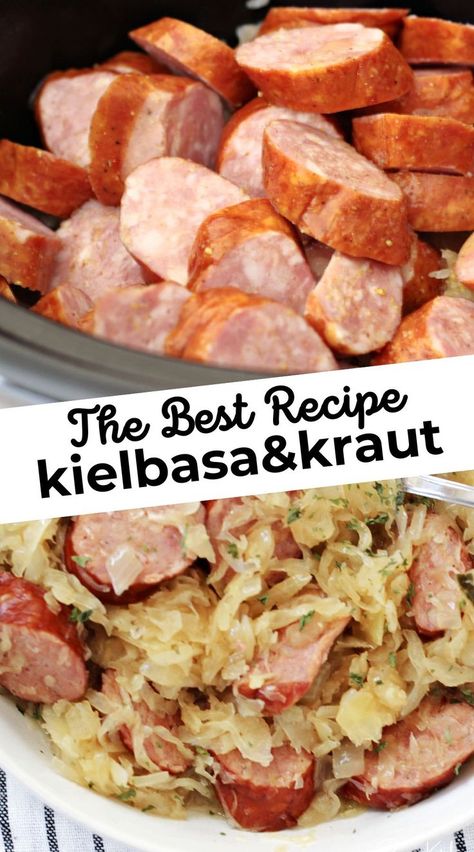 Kielbasa in a pan in one photo, finished kielbasa and kraut in the other photo, ready to eat. Polish Keilbasa Recipes Crock Pots, Sauerkraut Kielbasa Crockpot, Keilbasa And Sauerkraut Recipes Easy, Sauerkraut And Kabasa Recipes Crockpot, Kolbassi And Sauerkraut, Sauerkraut And Cabbage Recipes, Ww Kielbasa Recipes, Keilbasa Recipes Sauerkraut, Keilbasa Recipes Easy Crock Pot