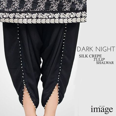 #NewIn - #Image black silk crepe Tulip Shalwar with pearl embellishment, 'Dark Night'  Now available in stores and online at www.image.net.pk  #ImageFabrics @imagefabrics Tulips Pants, Tulip Salwar, Shalwar Designs, Tulip Shalwar, Plazzo Designs, Panjabi Dress, Shalwar Design, Dhoti Salwar, Tulip Pants