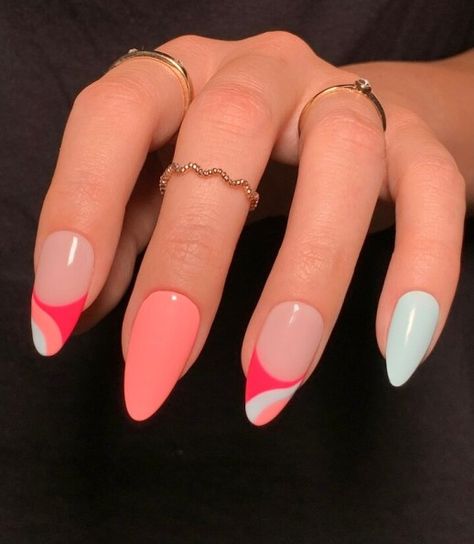 coral nails, summer nail colors, summer nails, coral nail ideas, coral nail, summer nail designs Spring Nail Inspo 2023 Short, Artsy Nail Ideas, Acrylic Nail Designs For Summer Almond, Blue And Coral Nails, Nails Disigne, Retro Nail Art, French Nails Design, Coral Nails With Design, Coral Nails