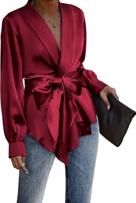 Satin Tops Blouses, Wrap Top Outfit, Silk Blouse Outfit, Silk Shirt Outfit, Satin Wrap Top, Classy Blouses, Satin Shirts, Draped Cardigan, Satin Shirt Dress