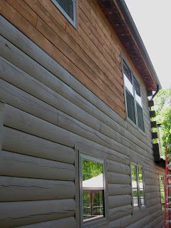 ~ CtLogCabin ~  Sherwin Williams Woodscapes Solid stain ... color is Shagtar Log Cabin Stain Colors Exterior, Painted Log Cabin Exterior, Log Cabin Paint Colors, Log Cabin Exterior Paint Colors, Cabin Exterior Color Schemes, Log Siding Exterior, Log Home Exterior Colors, Log Cabins Exterior, Rustic Cabin Exterior