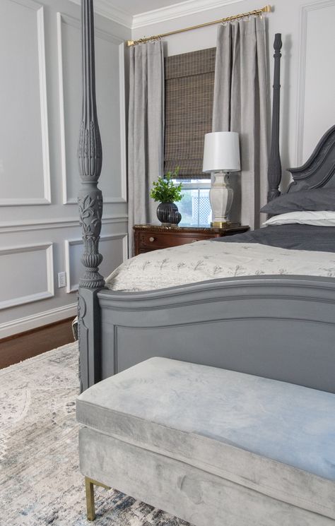 Grey Bed Furniture Ideas, Chalk Painted Bed, Chalk Paint Bedroom Set, Chalk Paint Headboard, Painted Four Poster Bed, Painted Poster Bed, Grey Painted Bedroom Furniture, Canopy Bed Paint, Rice Bed Makeover