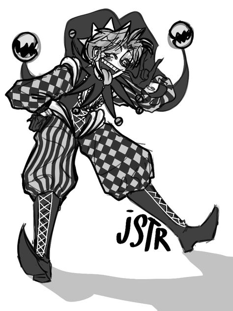 jester art jstr jesters шут шуты скоморох арт Juggalo Oc Drawing, Goth Jester Outfit, Evil Jester Drawing, Clown Oc Outfits, Jester Clown Drawing, Jester Shoes Drawing, Jester Hat Reference, Creepy Clown Character Design, Clown Base Drawing