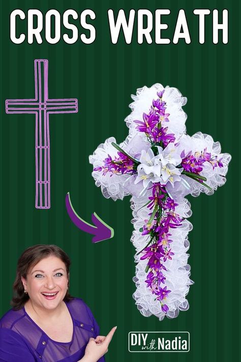 Deco Mesh Easter Cross Wreath Woodland Method | Dollar Tree Step by Step Wreath DIY Tutorial Step By Step Wreath, Porch Signs Diy, Angel Wing Wreath, Angel Wings Wreath, Easter Cross Wreath, Cross Wreath Diy, Cemetery Arrangements, Easter Deco Mesh Wreath, Unique In The Creek