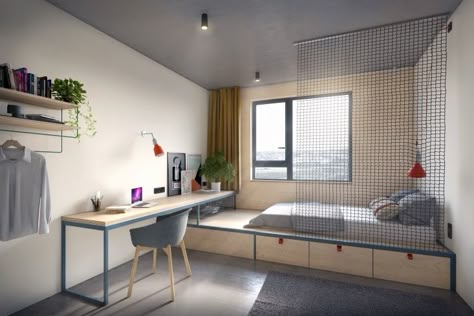 State-of-the-art student housing: BaseCamp-designer-dorm-room-Potsdam-Germany, designed by Studio Aisslinger. Dorm Room Items, Student Rooms, Student Accomodation, Student Bedroom, Dorm Style, Dorm Room Styles, Dormitory Room, Hostels Design, Hostel Room