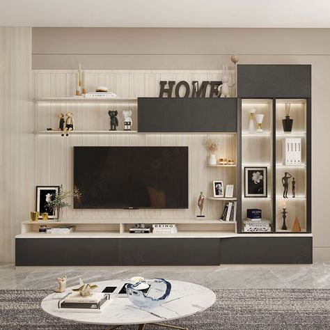 Glass Tv Unit Decor Ideas, Tv Cabinet With Shelves, Tv Socase Design, Tv Cabinet With Showcase, Showcase With Tv Unit, Tv Cabinet Interior Design, Tv Unit Showcase, Tv Unit With Showcase Design, Tv Unit With Glass Cabinet