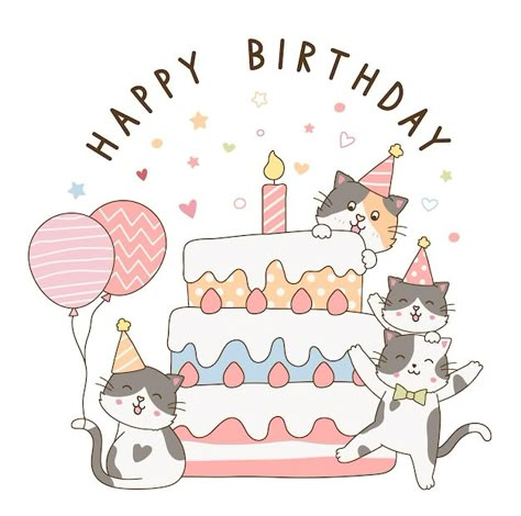 Drawing For Birthday Art, Happy Birthday Postcard Ideas, Happy Birthday Art Illustrators, Cartoon Birthday Cake Drawing, Birthday Postcards Ideas, Cute Birthday Illustration, Happy Birthday Cats Cute, Cute Birthday Posters, Happy Birthday Cute Drawing