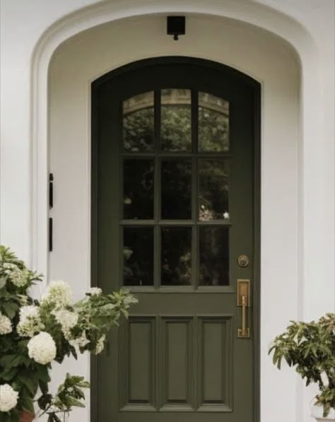 Black Front Door Green House, Huge Front Door, Green House Door, Olive Green Front Door, Olive Green Door, Front Door Aesthetic, Dark Green Door, Green Front Door, Front Of Home