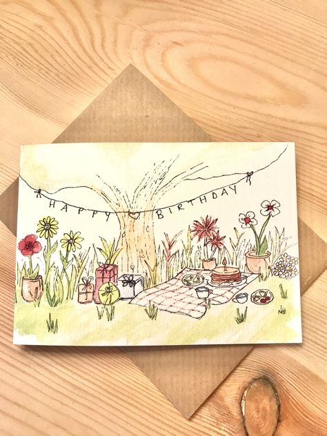 Picnic Cards Ideas, Post Card Painting Ideas, Detailed Birthday Card, Best Friend Birthday Cards Ideas, Best Friend Birthday Painting, Ideas To Write In A Birthday Card, Handmade Bday Card Ideas, Gift Card Painting Ideas, Colored Pencil Birthday Card