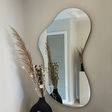 Squiggly Mirror, Modern Mirror Design, Pond Mirror, Abstract Mirror, Asymmetrical Mirror, Leather Sofa Living Room, Elegant Mirrors, Frameless Mirror, Unique Mirrors