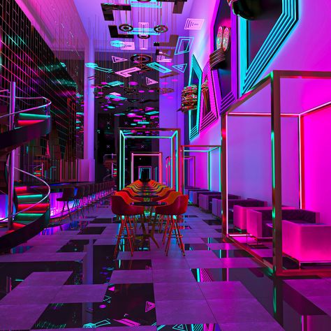 Concept NEON Bar on Behance Aesthetic Lounge, Night Club Aesthetic, Aesthetic Neon, Nightclub Aesthetic, Nightclub Design, Only Aesthetic, New Retro Wave, Bar Interior, Laser Tag