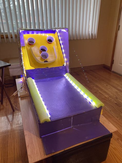 Diy Basketball Arcade Game Cardboard Boxes, How To Make A Cardboard Arcade Game, Cardboard Box Games Diy, Arcade Games Cardboard, At Home Arcade Games Diy, Diy Skee Ball Homemade, Carnival Skeeball, Arcade Games Diy Cardboard Boxes, Cardboard Skeeball Game