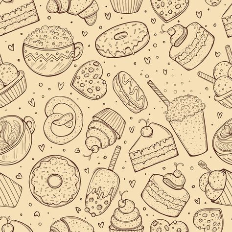 Seamless pattern, crafted sweets doodle ... | Premium Vector #Freepik #vector #background #pattern #food #vintage Cake Sketch, Cake Background, Presentation Pictures, Cake Wallpaper, Cake Vector, Cake Drawing, Doodle Background, Fantasy Cake, Patterned Cake