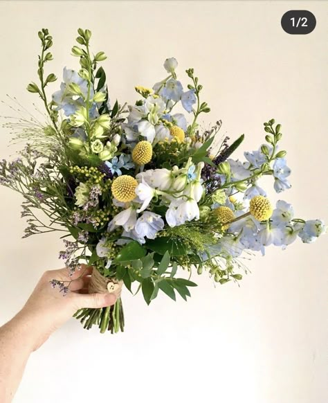 Light Blue And Yellow Bouquet, White Yellow Blue Bouquet, White Green Blue Yellow Wedding, Pale Yellow Blue And Green Wedding, Blue White Yellow Bridal Bouquet, Blue And Yellow Flower Centerpieces, Blue And Yellow Flower Bouquets, Yellow Blue And Green Wedding, Blue Green Yellow Color Palette Wedding