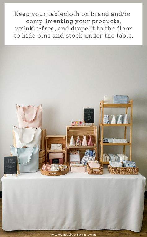 8 Ways to Make a Craft Show Display Look More Professional - Made Urban Diy Table Risers Display Ideas, 10x10 Booth Layout, Craft Fair Banner, Booth Set Up, Booth Decorating Ideas Vendor, Booth Setup Ideas Vendor Events, Vendor Booth Decor, Market Table Display Ideas, Gift Shop Display Ideas