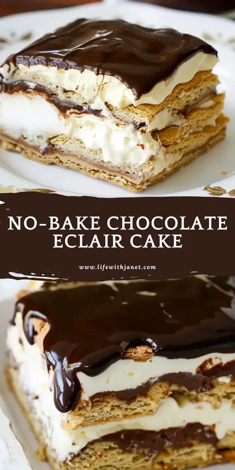 No-Bake Chocolate Eclair Cake E Clair Cake, No Bake Eclair Cake Easy, Chocolate Eclair Refrigerator Cake 12 Tomatoes, Chocolate Eclaire Desert, Eclair Dessert No Bake, French Silk Pie Cake, No Bake Chocolate Eclair Cake Easy, Weekly Dessert Ideas, Chocolate Eclair Cake With Homemade Frosting