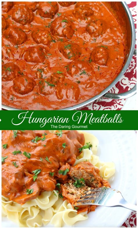 Hungarian Meatballs - a total flavor explosion! #meatballs ad daringgourmet.com Hungarian Meatball Soup, Yugoslavian Meatballs, Hungarian Meatballs, Sauce And Meatballs, Hungarian Dishes, Tender Meatballs, Hungarian Cuisine, Eastern European Recipes, Table D Hote