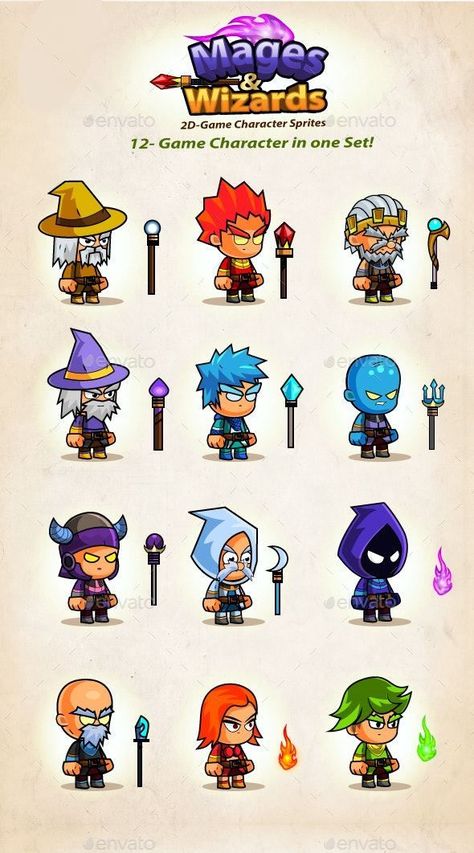 Mages & Wizards Game Character Sprites 2d Game Character Design Concept, Mobile Game Character Design, Chibi Game Character, Video Game Characters Drawings, Game Character Design Concept, 2d Game Character Design, 2d Game Character, Chibi Games, Sprite Art