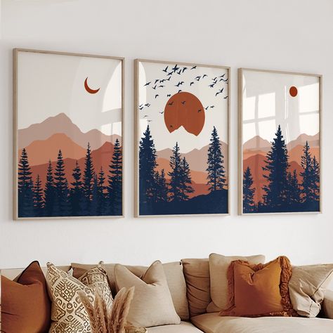 Wall Art Pieces Home Decor, Rusty Hues Living Room, Midcentury Modern Living Room Wall Art, Mid Century Modern Bedroom Terracotta, Three Piece Mountain Painting, Paintings Living Room Ideas, Three Canvas Wall Art, Painting Ideas 3 Piece, Three Piece Wall Art Living Rooms