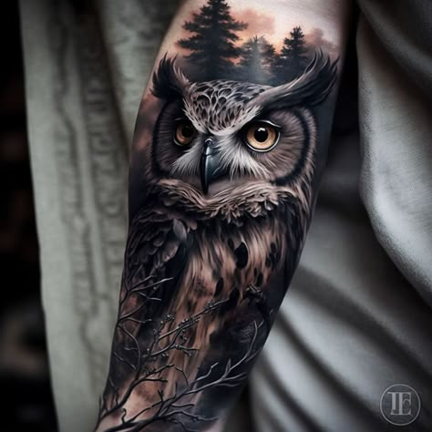 Woods Forearm Tattoo, Owl Tattoo On Leg, Owl And Tree Tattoo, Owl Tatoos Men, Owl Tattoos Men, Animal Tattoos For Men Sleeve, Owl Chest Tattoo Men, Owl Shoulder Tattoo, Great Horned Owl Tattoo