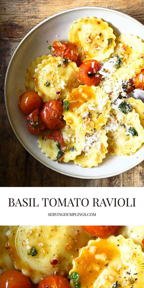 Ravioli With Fresh Tomatoes, Tomato Basil Ravioli, Basil Ravioli Recipe, Cherry Tomato Ravioli, Ravioli With Cherry Tomatoes, Summer Ravioli Recipe, Traditional Ravioli Recipe, Ravioli Recipe Healthy, Ravioli Dishes Dinners