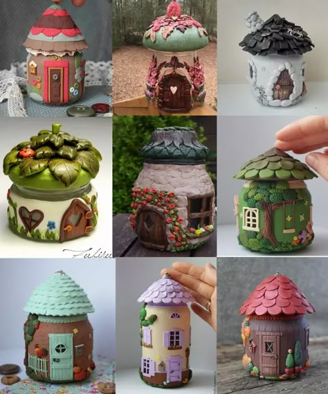 Jar Fairy House, Polymer Clay Jar, Fimo Halloween, Fairy House Ideas, Clay Jars, Polymer Clay Kunst, Fimo Diy, Polymer Clay Halloween, Clay Fairy House