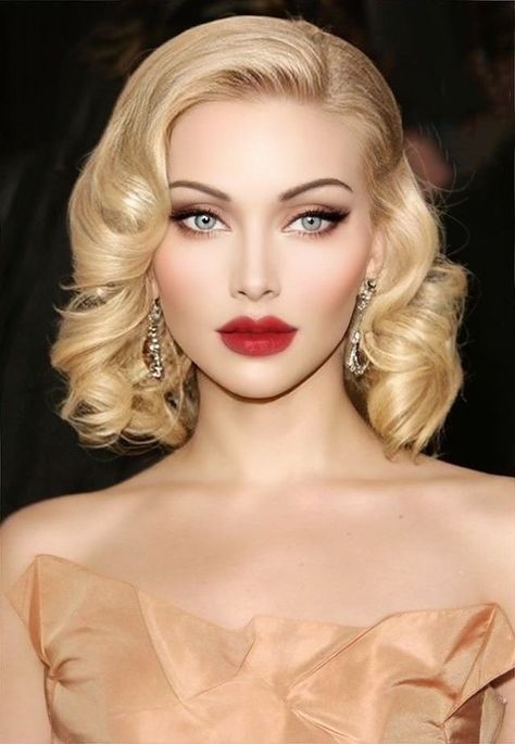 Old Hollywood Glam Hair And Makeup, Retro Bridal Updo, Natural Vintage Makeup Look, Short Hair Styles For Gala Night, Wedding Makeup Dramatic Eyes, 1920s Glam Makeup, Prom Blonde Hairstyles, 1920s Wedding Makeup, 1920s Makeup Authentic