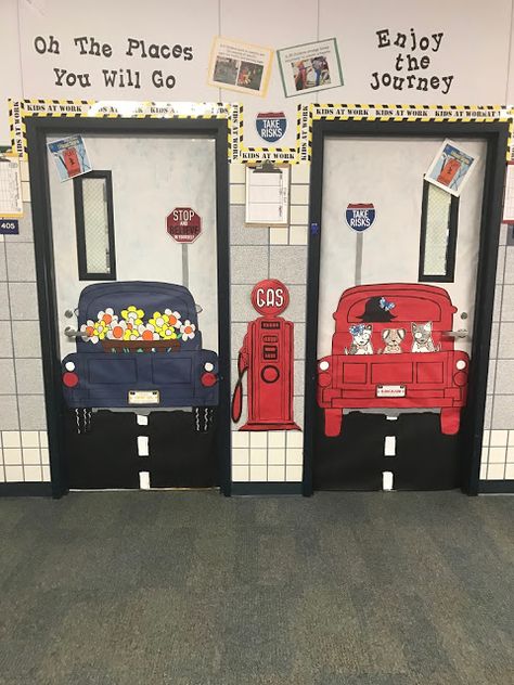 Little Miss Kindergarten - Lessons from the Little Red Schoolhouse!: Goals! Road Trip Door Decoration, Transportation Themed Bulletin Boards, Road Trip Decorations For Classroom, Road Trip Vbs Theme, Road Trip Classroom Theme, Road Trip Decorations, Road Trip Vbs, Transportation Project, Route 66 Theme