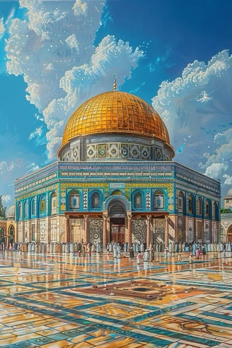 Al Aqsa Mosque Painting, Al Aqsa Painting, The Dome Of The Rock, Images Jumma Mubarak, Aqsa Mosque, Al Qur'an Photography, Mosque Art, Dome Of The Rock, Ancient Stone