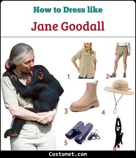 Jane Goodall's Costume for Cosplay & Halloween 2023 Jane Goodall Wax Museum Project, Jane Goodall Costume, Monkey Outfit, Science Halloween, Book Parade, Gorilla Costumes, Young Outfit, Monkey Costumes, Halloween Science