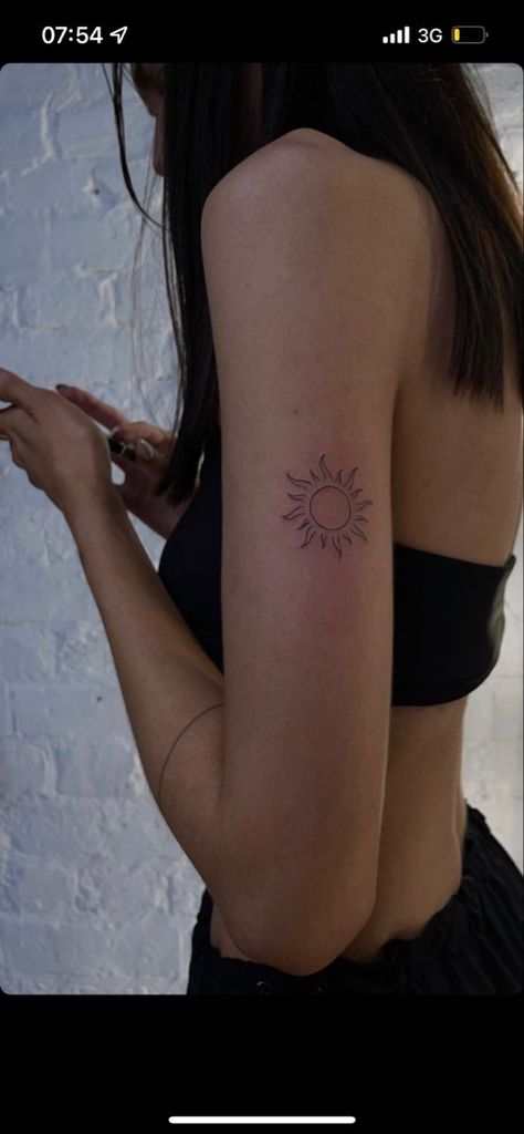 Small Minimalist Back Tattoo, Small Simple Arm Tattoos For Women, Sun On Back Of Arm Tattoo, Sun Tattoo Arm Half Sleeves, Sun Arm Tattoos For Women, Small Back Of The Arm Tattoo, Girly Sun Tattoo, Timeless Tattoo Ideas, Women Sun Tattoo