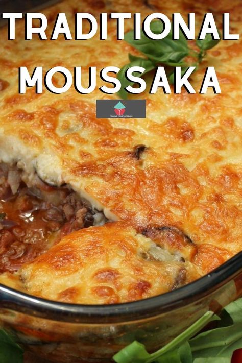 Traditional moussaka is a classic Greek baked casserole, with layers of seasoned ground meat, potatoes, and eggplant, topped off with a creamy cheese bechamel sauce.