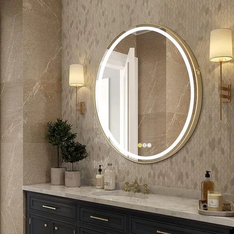 Round Gold Frame LED Bathroom Mirror with Light, Anti-fog - On Sale - Bed Bath & Beyond - 37839117 Circle Mirror With Lights Bathroom, Ring Light Bathroom Mirror, Single Sink Mirror Ideas, Funky Bathroom Mirrors, Backlit Mirrors In Bathroom, Bathroom Backlit Mirror Ideas, Lighted Vanity Mirrors, Champagne Bronze Bathroom Mirror, Powder Room Mirror And Lighting