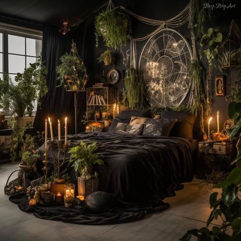 Boho Goth Beep Boop Art Black Witchy Bedroom, Boho Punk Bedroom, Emo Boho Bedroom, Goth Camper Interior, Goth Bohemian Decor, Dark Witchy Bedroom Ideas, Goth Spring Decor, Goth Hippie Room, Dark Boho Bedroom Aesthetic