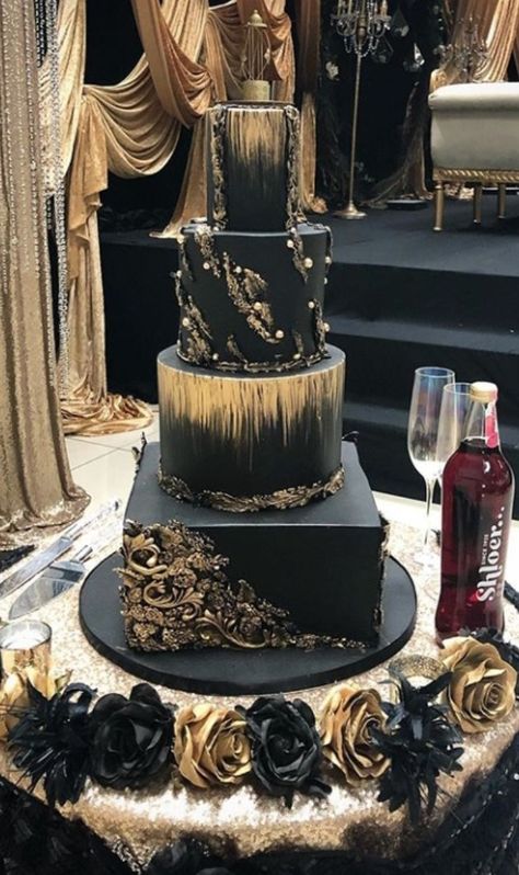 Black And Gold Three Tier Cake, Black And Gold Wedding Cakes Elegant, Black And Gold Cake Wedding, Quinceanera Cakes Black And Gold, 3 Tier Black And Gold Cake, Masquerade Cake Ideas Black And Gold, Black And Gold Quinceanera Cake, Black And Gold Masquerade Cake, Rose Gold And Black Cake Birthday